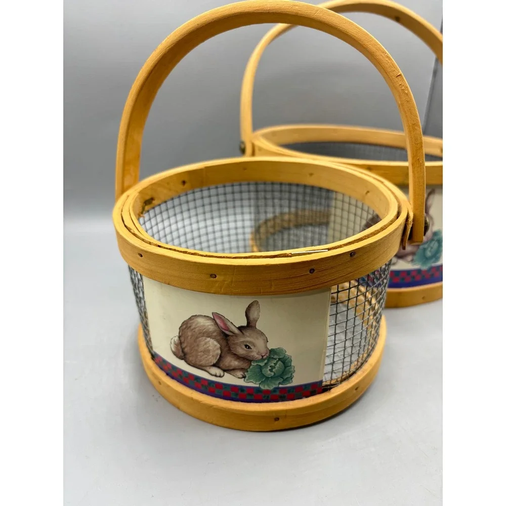 Vtg Baskets Wooden Chicken Wire Rabbit Bunny Print‎ Rustic Spring Easter Nesting
